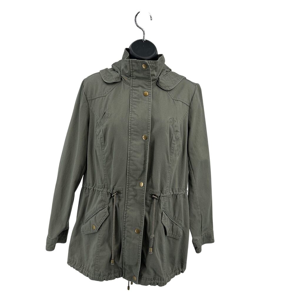 Style & Co. Hooded Utility Jacket WMNS M Green Long Sleeve Zip Up Button Pockets